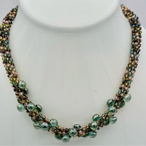 Artisan Beaded Necklace with Green and Brown Accents